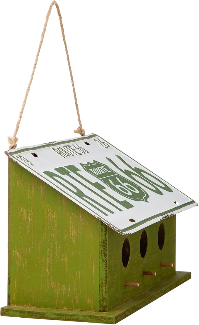 Glitzhome 14" L Oversized Hanging Birdhouse Green Distressed Wooden Licence Plate Bird House for Outdoor