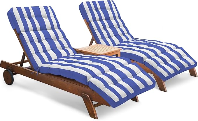Chaise Lounge Cushions Outdoor Set of 2, 74.4 x 22 x 4.7 Inch Thickened Lounge Chair Cushions Waterproof for Outdoor Furniture with Ties, Non-Slip Patio Pool Lounge Cushion, Stripe Blue&White