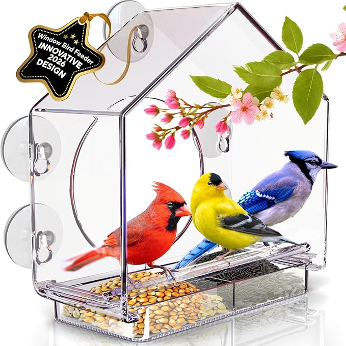 Premium Window Bird Feeder for Outside - Clear Bird House w/Largest Window for Viewing Birds - Easy to Install & Sturdy Feeder w/Extra Strong Suction Cups - Perfect for Kids, Adults and Cats