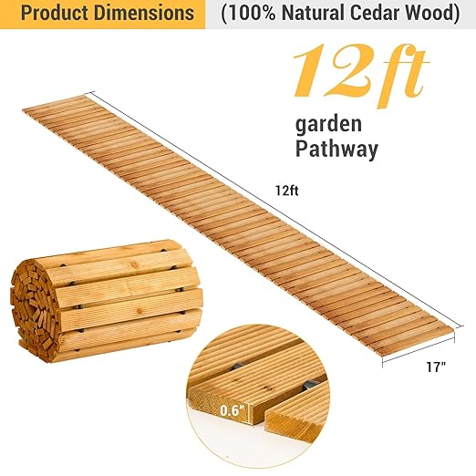 12FT Straight Wooden Garden Pathway Walkway Outdoor Roll Out Decorative Garden Non-Slip Patio Path Decorative Boardwalk Outdoor Road Floor for Backyard Beach Wedding Party