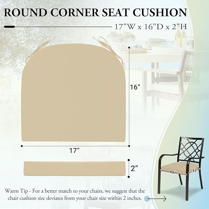 Wellsin Outdoor Chair Cushions for Patio Furniture - Patio Chair Cushions Set of 6 - Water Resistant Round Corner Outdoor Seat Cushions 17"X16"X2", Beige