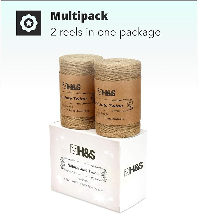 H&S Natural Jute Twine String – 2 Reels x 3mm Thick Strong Natural Garden Rope Roll - 6 Ply & 300 Ft Brown Cord for Crafts