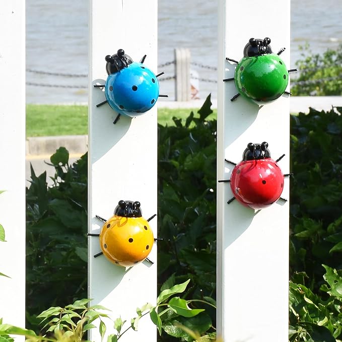 MACLARONX Metal Ladybugs Outdoor Yard Art Garden Fence Decor Set of 4 Cute Lady-Bugs Wall Sculptures Colorful 3D Ornaments for Backyard Balcony