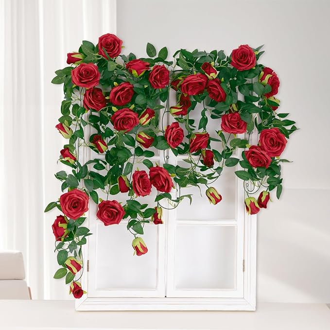 U'Artlines 3 Pack Artificial Red Rose Vines Floral Garlands Total 19.5 Ft Fake Vine Silk Flower Garland for Indoor Outdoor Home Wedding Arch Garden Wall Decoration