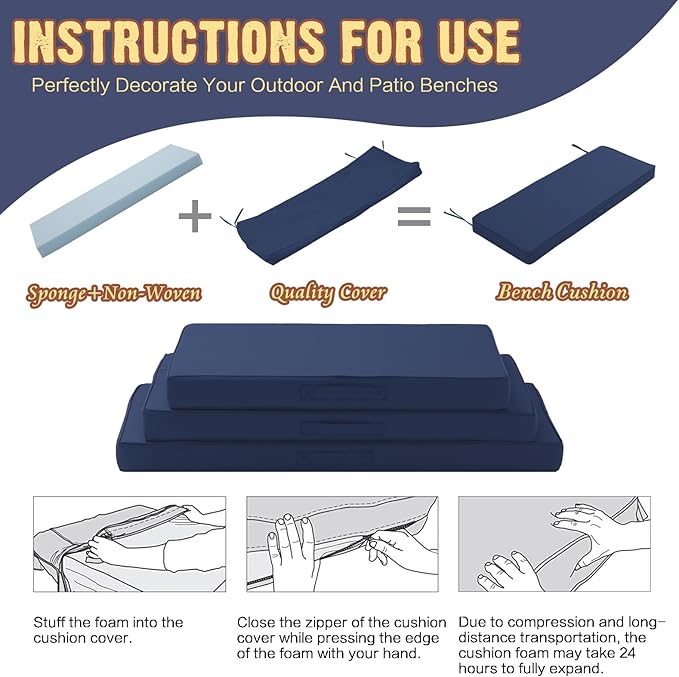 Outdoor Bench Cushion 4 inches Memory Foam Waterproof Patio Furniture Bench Cushion Porch Swing Cushion with Handle and Adjustable Strap, 36 x 18 Inch Navy