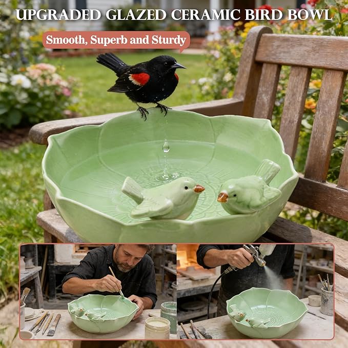 Ceramic Bird Bath for Outdoors, 10.1” Hand-Painted Glazed Ceramic Bird Baths Bowls and Feeders for Outside, UV/Frost-Resistant Finish Ground Garden Table Top Bird Baths Decor for Patio Yard Home Green