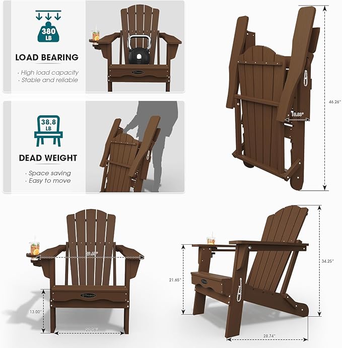 Folding Adirondack Chair,HDPE All-Weather Outdoor Chair with Cup Holder,Wooden Textured,Fire Pit Chair,Plastic Patio Chair for Deck,Backyard,Garden,Lawn(Brown)