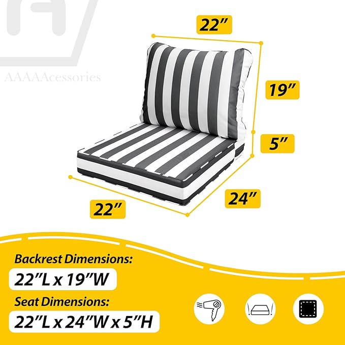 AAAAAcessories Outdoor Seat Cushions for Chairs, Fade-Resistant, Waterproof Patio Furniture Replacement Cushions, 22" x 24" x 5" + 22" x 19", Gray Cabana Stripe