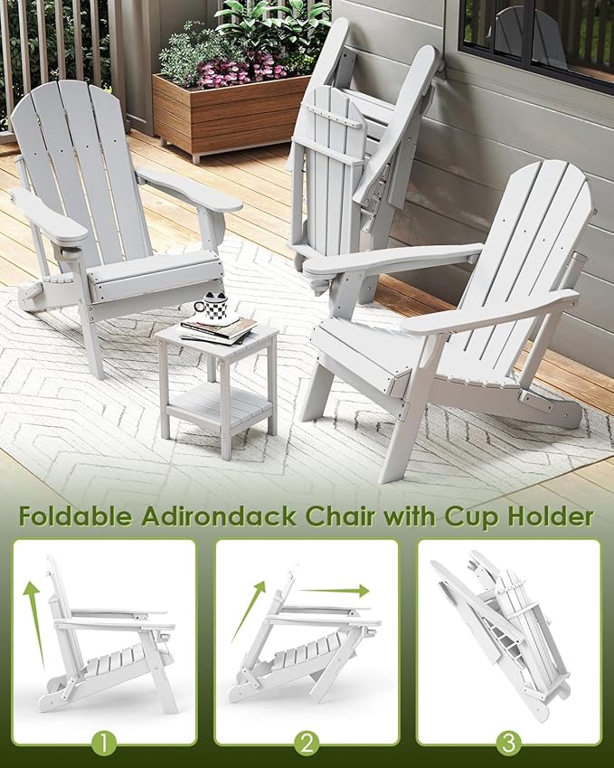 GREENVINES Folding-Adirondack-Chairs-Set-of-2 | HDPE Plastic | Fire Pit Chair | All Weather | Cup Holder | White | for Deck Backyard Patio Outdoor Garden