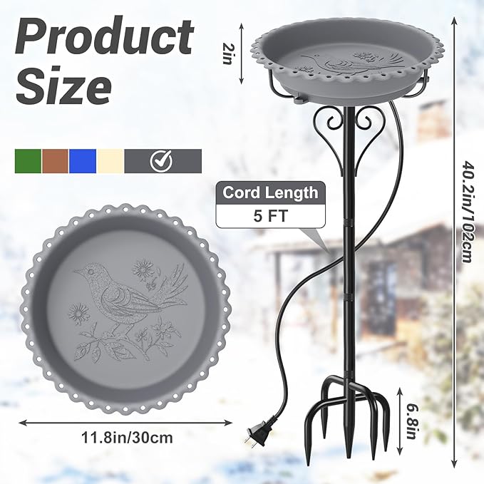 Heated Bird Bath for Outside Winter, Powerful 100W Thermostat Control Water Heated BirdBaths Bowl for Outdoors with 5-Prong Metal Base Heated Bird Bath for Garden Patio Yard Lawn (Gray)