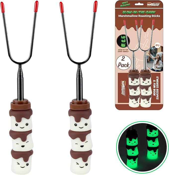 THE S'MORES COMPANY - Glow in the Dark Marshmallow Roasting Sticks - Set of 2 Rotating Smores Sticks - Telescoping Extra Long Marshmallow Sticks for Fire Pit, Campfire & Bonfire - Camping Accessories