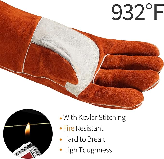 Leather MIG Welding Gloves with Reinforced Palm, Kevlar Stitching, Heat Fire Resistant for Welding/Grilling/BBQ