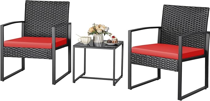 Greesum 3 Piece Wicker Conversation Bistro Sets Outdoor Patio Set Modern Rattan Chair Furniture Sets with Coffee Table for Yard Garden Porch Lawn (Red)
