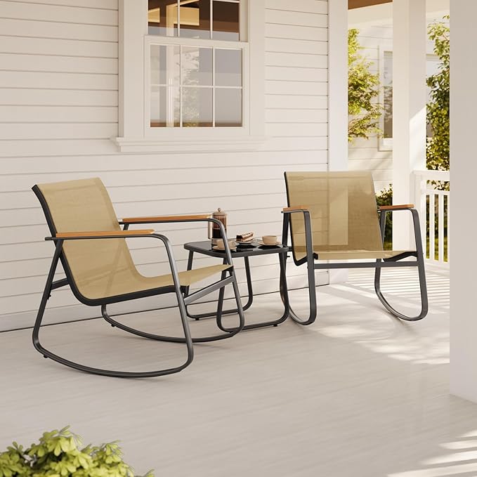 Aiho 3-Piece Patio Furniture Set, Outdoor Furniture with Textilene Fabric Rocker Chairs with Coffee Table, Patio Bistro Sets for Garden, Balcony, Poolside(Brown)