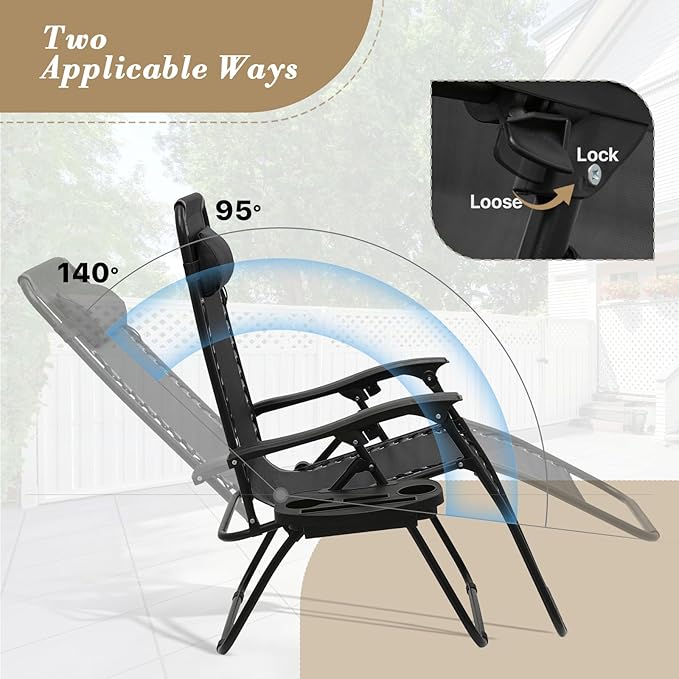 Athena Collection Zero Gravity Chair, Outdoor Lounge Chair with Adjustable Pillow and Cup Holder, Reclining Camping Chair for Outside Beach Lawn Garden Patio Poolside Set of 2 - Black