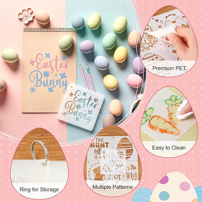 Marspark 72 Pcs Spring Easter Small Stencils for Crafts Reusable 3 Inch Stencils for Painting on Wood DIY Craft Paint Template for Wall Home Decor Card Rock Canvas Drawing Holiday (Bunny Egg)
