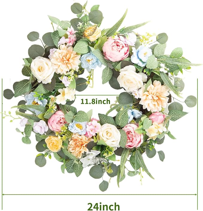 Honnesserry Spring Wreath for Front Door, Large Door Wreath for Home Decoration, 24IN Farmhouse Summer Eucalyptus Wreaths for Decor