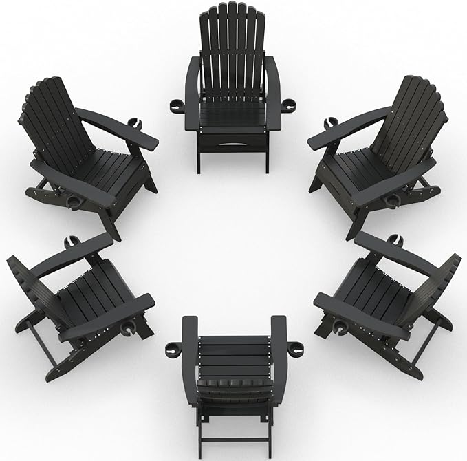 ZHUSI Folding Adirondack Chairs Set of 6 with Retractable Ottoman, Adjustable Adirondack Chair with 2 Cup Holders, Outdoor Chairs for Porch Patio Lawn Balcony Weather Resistant, Black