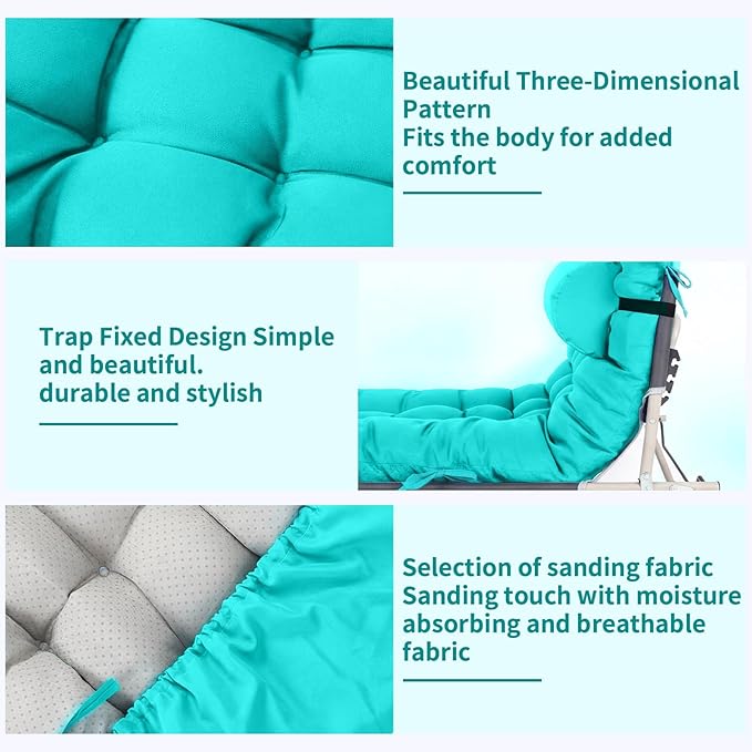Tudomro 2 Pcs Peacock Blue 66'' Outdoor Chaise Lounge Cushion Waterproof Patio Lawn Pool Chaise Lounge Cushion with Headrest Pillow & Ties Weather Fade Resistant Replacement Longue Chair Pad
