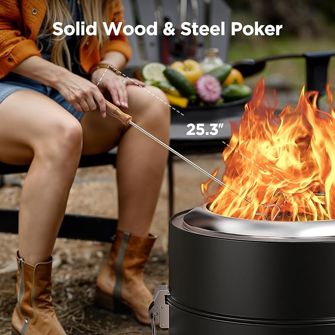 Ciays Smokeless Firepit, 21 Inch Fire Pit for Camping with Patented Technology, Portable Fire Pit for Outside with Steel Grill Rack, Fire Poker, and Bag, Easy Setup and Storage, Wood Burning (Black)