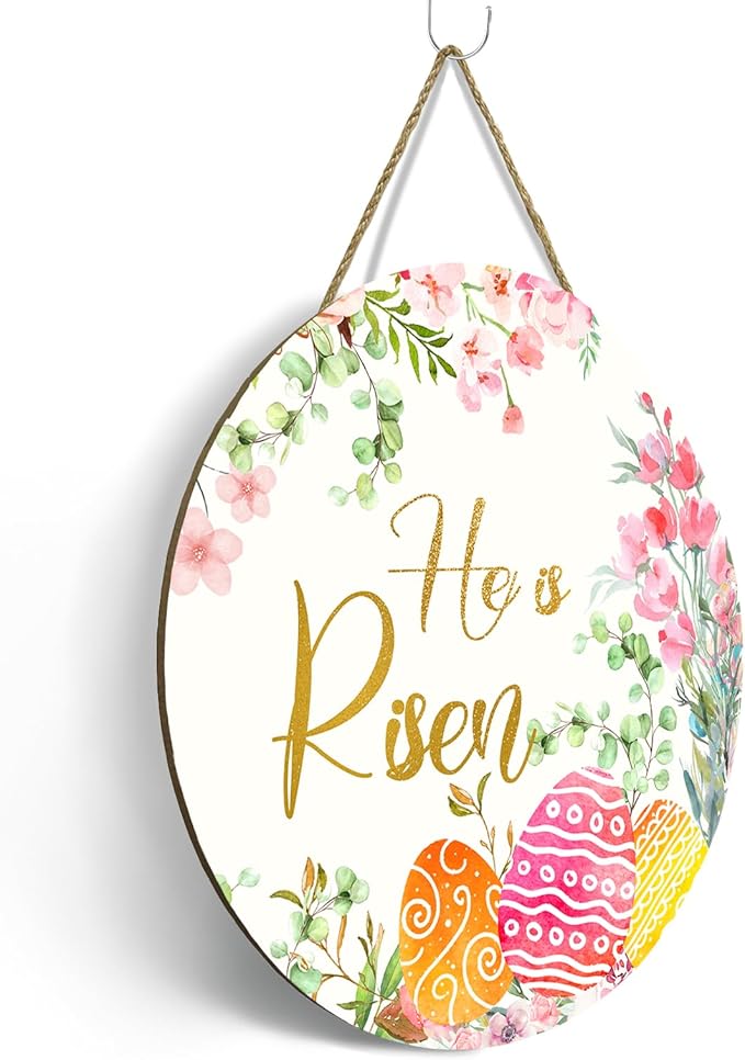 He is Risen Door Hanger Easter Religious Porch Sign Spring Floral and Eggs Door Sign for Front Door Holiday Hanging Decoration for Home Wall Outdoor