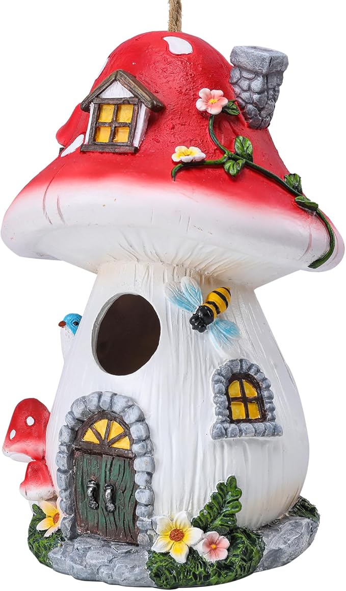 Yinns Bird House, Birdhouses for Outside, Decorative Mushroom Bird Houses for Outdoor Hummingbird, Bluebird Garden Decor