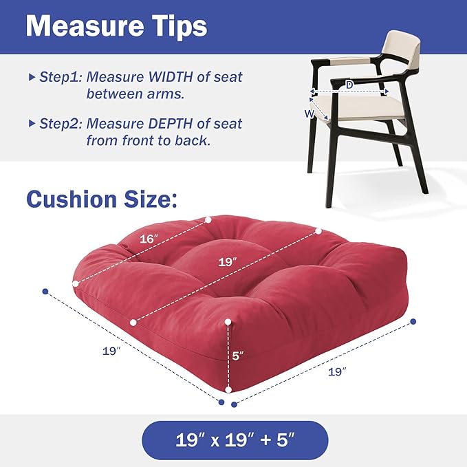 Outdoor Chair Cushions Set of 2, Patio Chair Cushions with Ties, 19x19+5” Tufted Outdoor Seat Cushions, Waterproof Patio Furniture Cushions, Outdoor Dining Chair Pads, Burgundy (Pack of 2)