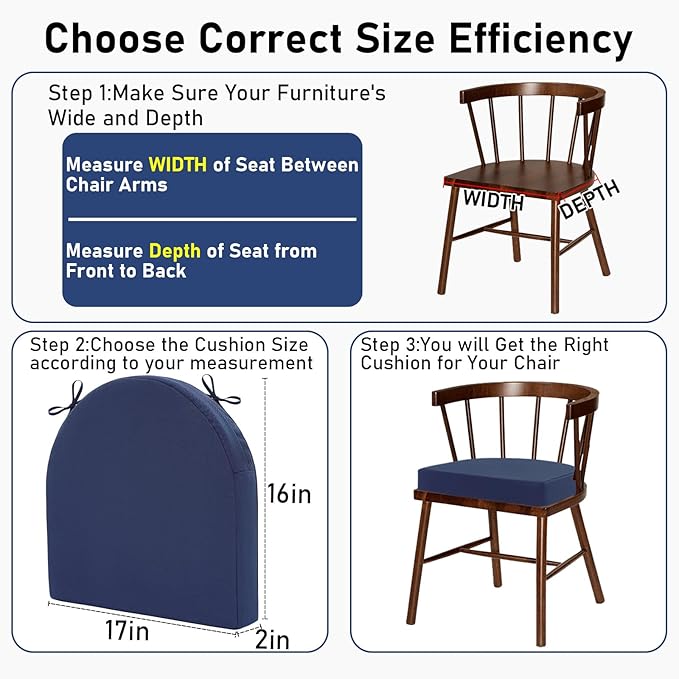 Topotdor Outdoor Chair Cushions Set of 2, 17"x16"x2" Waterproof Patio Chair Cushions for Outdoor Furniture, Round Corner Outdoor Seat Cushions Color Fastness Chair Pads with Ties, Royal Blue