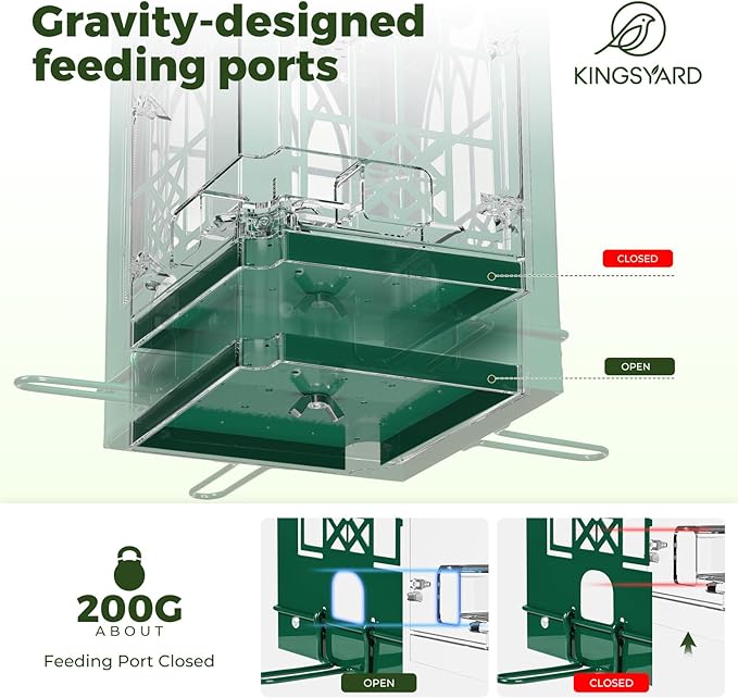 Kingsyard Squirrel Proof Bird Feeders for Outdoors with Weight-Activated Perches, 5 Lbs Capacity Large Metal Bird Feeder House for Small Wildbirds Cardinal Finch Bluebird, Weatherproof, Green