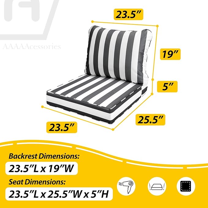 AAAAAcessories Outdoor Seat Cushions for Chairs, Fade-Resistant, Waterproof Patio Furniture Replacement Cushions, 23.5" x 25.5" x 5" + 23.5" x 19", Gray Cabana Stripe