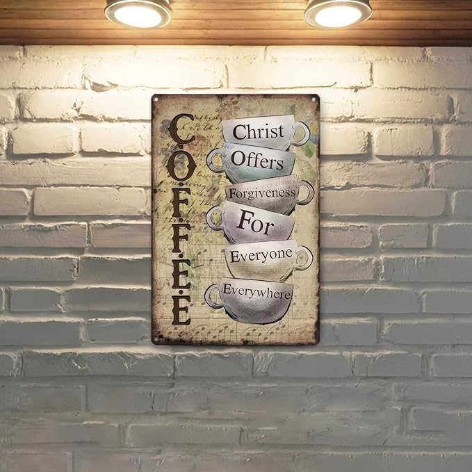 Vintage Metal Tin Sign "Christ Offers Forgiveness For Everyone Everywhere" Retro Coffee Bar Decor for Home Kitchen Coffee Outdoor Decorations (8x12 Inch)
