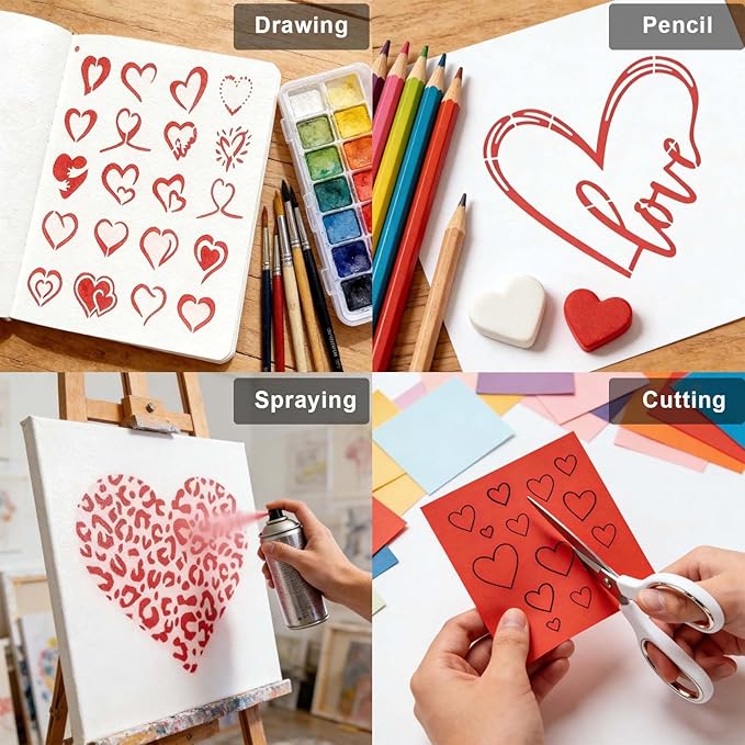 22 Pcs Heart Stencils for Crafts Reusable, 6x6 in Valentine Stencils for Painting on Wood/Wall/Canvas, Romantic Heart Templates Love Stencil Drawing Spraying Template for DIY Cards Home Decors Arts