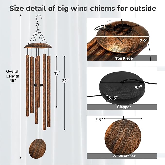 45" Large Wind Chimes for Outside, 6 Thick and Bold Aluminum Tubes Tuned Relaxing Melody Wind Chime Deep Tone, Big Wind Chimes for Garden Patio Decor, Great Gift Idea for Mother's Day (Vintage)