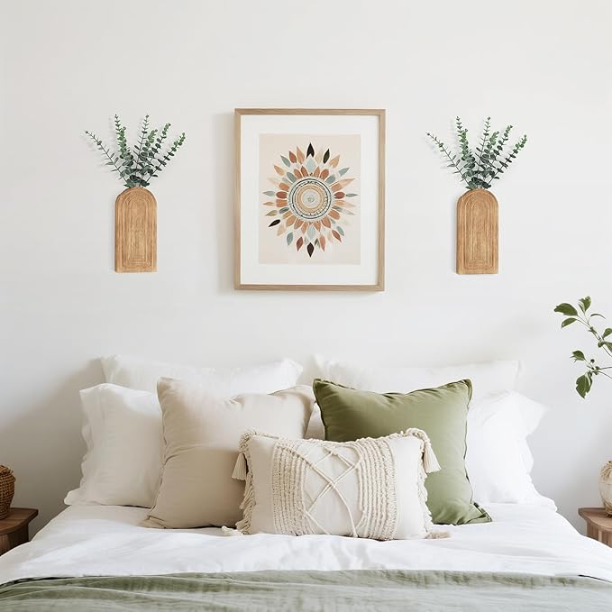 Dahey Wood Wall Planter Vase with Artificial Eucalyptus, 2 Pack Hanging Planter for Indoor Fake Plants Modern Boho Farmhouse Wall Art Decor for Bathroom Bedroom Kitchen Office Home Decoration, Natural