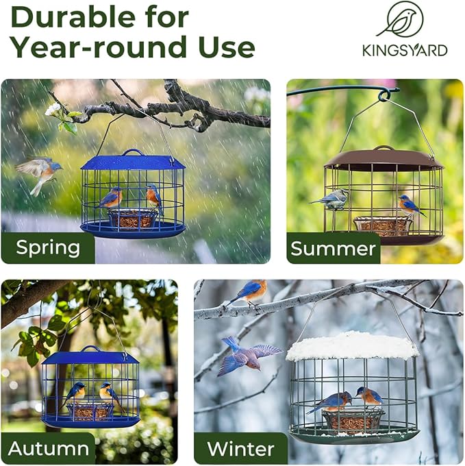 Kingsyard Bluebird Feeders for Outdoors Hanging, All Metal, Cage Bird Feeder with Tray, Squirrel Proof & Weatherproof, Easy to Refill & Clean (Green)
