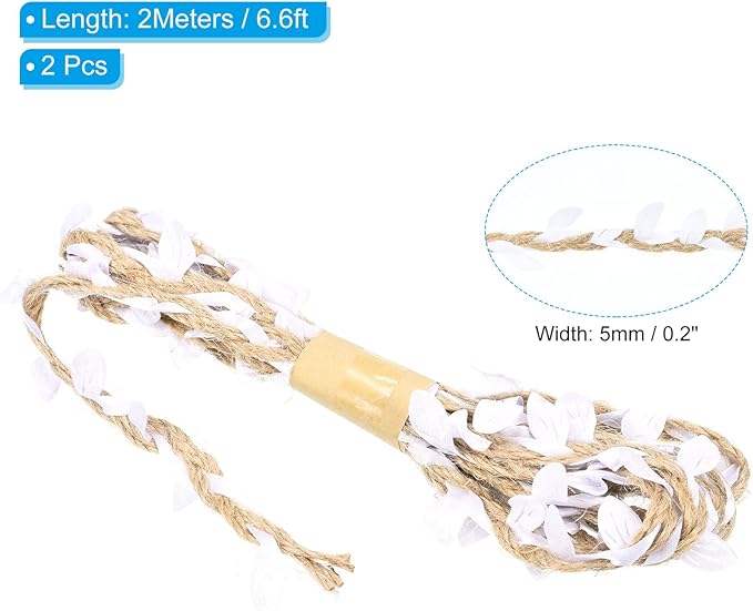 PATIKIL 6.6ft 5mm Burlap Leaf Ribbon, 2 Pack Braided Decoration Vine Natural Jute Rope Twine with Artificial Leaves for Jungle Wedding Party Home Garden Decor, White