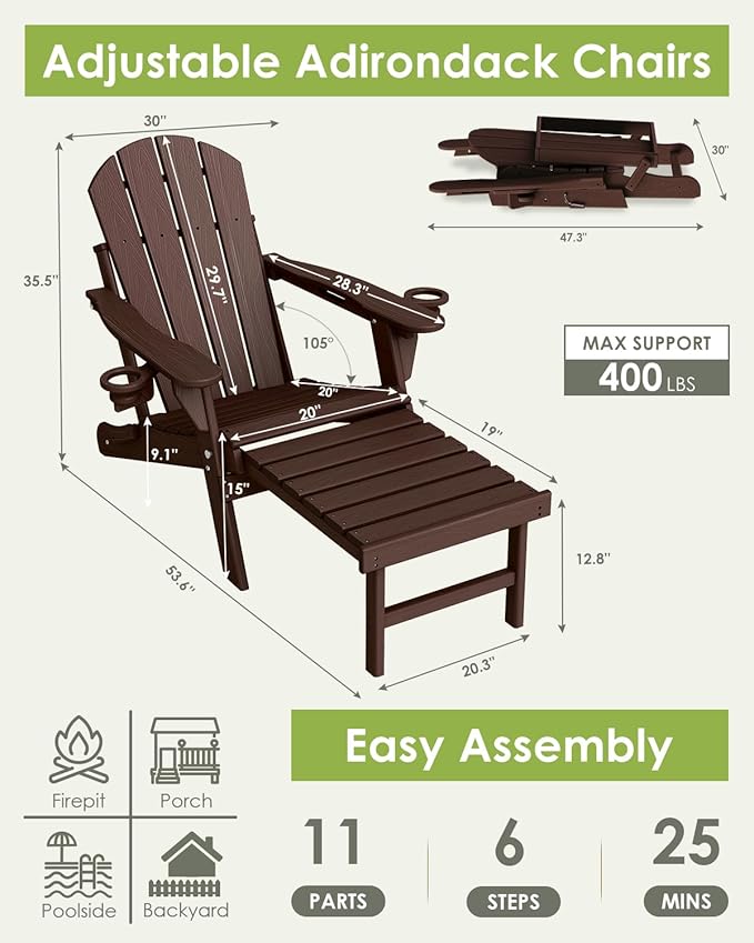GREENVINES Adjustable Adirondack Chair with Retractable Ottoman Set of 2 | Folding | 2 Cup Holders | Wood Grain HDPE Plastic | Fire Pit Chairs w/Foot Rest | Dark Brown | for Outdoor Patio Poolside