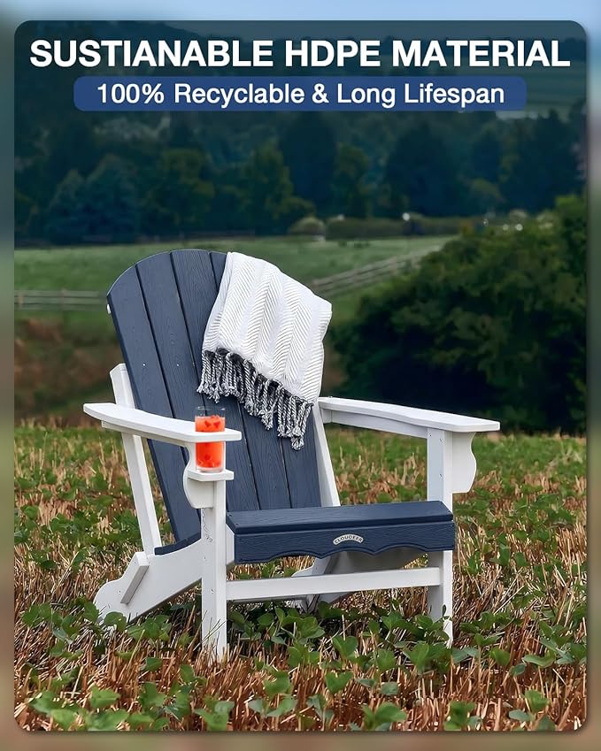 Folding Adirondack Chair –Recyclable HDPE Outdoor Adirondack Patio Chair with Cup Holder, Wood Texture & Umbrella Hole, 25-Year Fade-Free All Weather for Fire Pit, Porch, Poolside, Deck, Blue & White