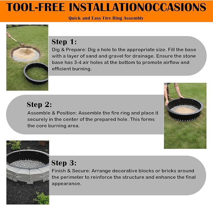 Fire Ring for Outside Fire Pit 36-Inch Outer/32-Inch Inner Diameter, VivaGarden Heavy Duty Solid Metal Steel Round Fire Pit Ring for Camping, DIY Campfire FirePit Insert Kit for Wood Burning, Black