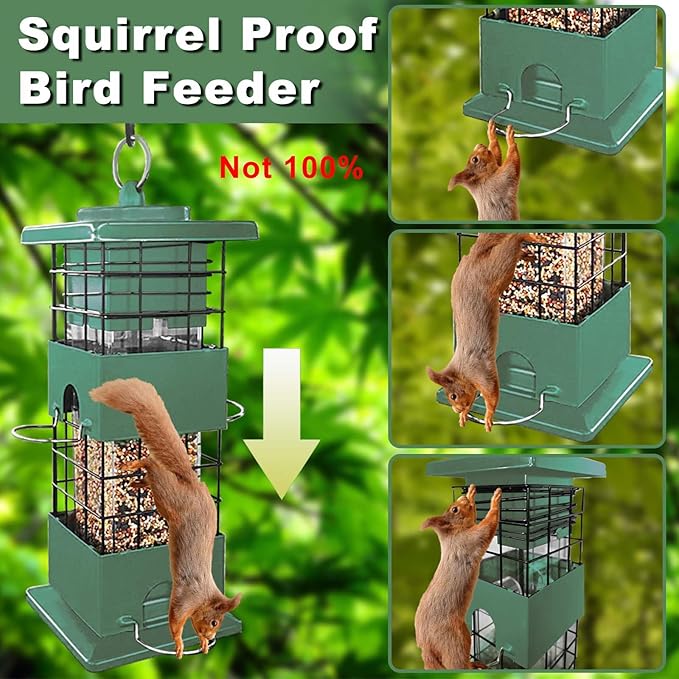 Squirrel Proof Bird Feeder,3Lbs Metal Birdfeeders Squirrel Proof with 4 Feeding Ports for Outside, Birds Seed Feeder for Outdoors, Cardinal, Finch, Sparrow (Green)
