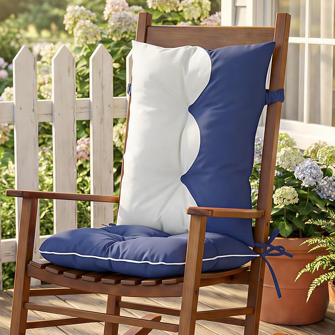 mudilun Outdoor Adirondack Chair Cushion High Weather Resistant Tufted Waterproof Rocking Chair Cushions Anti-Slip Thickened High Back Patio Seat Pads (Outdoor-Blue-White)