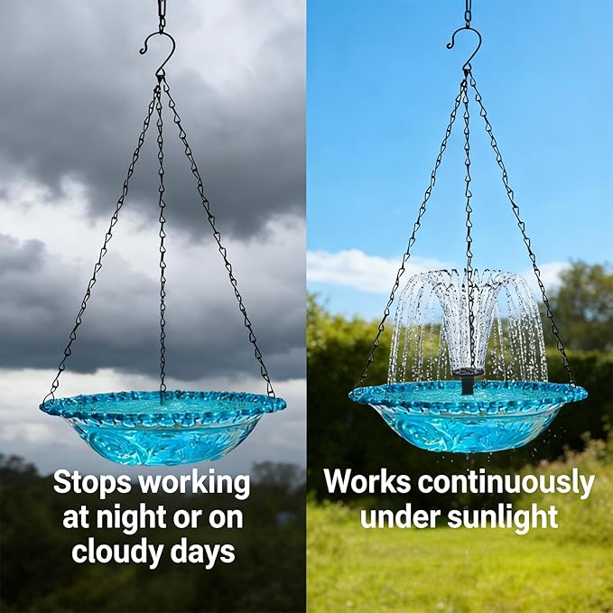 Solar Hanging Bird Baths Bowl Outdoor Bird Feeder 15.7 Inch Metal Chains, Weather-Resistant Hanging Wildbird Feeder & Bath Tray for Garden, Patio, Backyard (Solar Style)