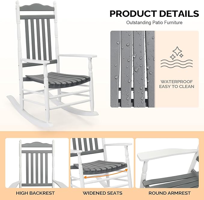 VINGLI Wooden Rocking Chair Outdoor, Patio Rockers with High Back, Support 450 LBS Rocking Chairs, for Porch, Patio, Balcony, Garden, Yard (White&Grey, 2 PCS)