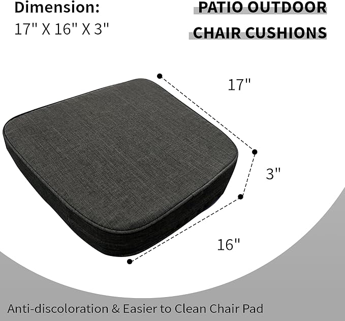 17"x 16"x 3" Patio Chair Cushions Set of 2, Waterproof Outdoor Chair Cushions, Patio Seat Cushion with Adjustable Ties, Grey
