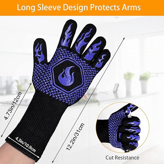 BBQ Grill Gloves Heat Resistant 1472℉ High Temp Resistance Fireproof Glove for Grilling Smoking Barbecue Washable Long Oven Extreme Hot Proof Mittens for Kitchen Baking (Blue)