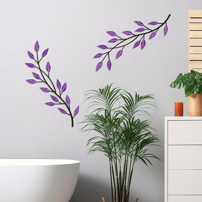 LWHZHE 2 Pieces Vintage Tree Leaf Wall Art Vine Metal Bathroom Wall Decor Olive Branch Wall Decor Living Room Tree Wall Art for Outdoor Hallway Kitchen Garden (Purple)