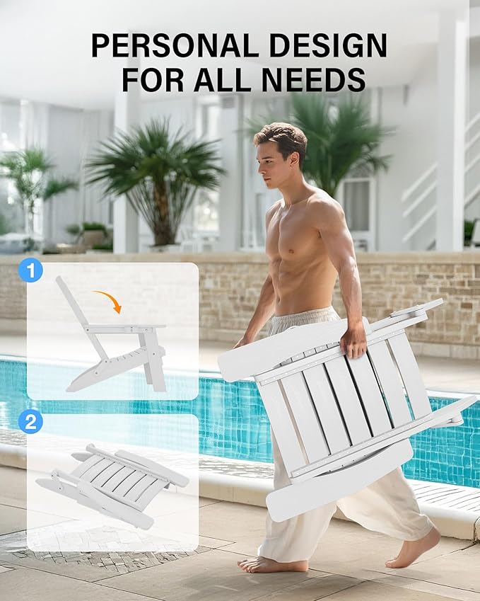 YEFU Adirondack Chair, Folding Adirondack Chairs Set of 4 with Arc Back & Cup Holder, Weather Resistant Plastic Oversized Chair for Outdoor Patio Lawn Garden Backyard Deck Fire Pit, White