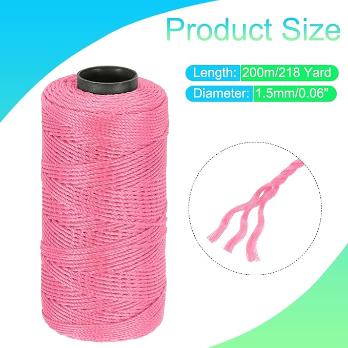 MECCANIXITY Nylon String 3 Strands Twisted Mason Line 1.5mm x 218 Yards Nylon Twine String for DIY Projects, Home Improvement, Gardening, Gift Wrapping, Christmas Party Supplies, Rose Pink