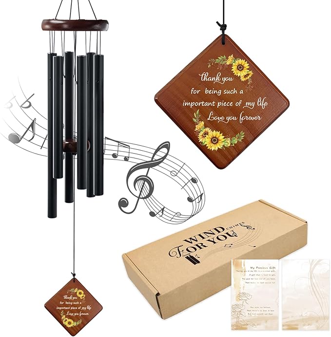 Sunflower Wind Chime with Thank You Quote Important Piece of My Life, Memorial Gift for Mom, Dad, Teacher, Friend or Farewells, 36" Outdoor Sympathy Chimes for Remembrance & Comfort