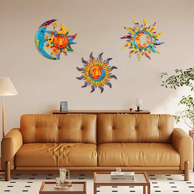 dreamskip 3 Pack Sun and Moon Wall Decor, Hanging Sun Moon & Stars Metal Wall Art, Sun Face Outdoor Wall Decor for Garden Fence Patio Yard Living Room Bedroom Decorations